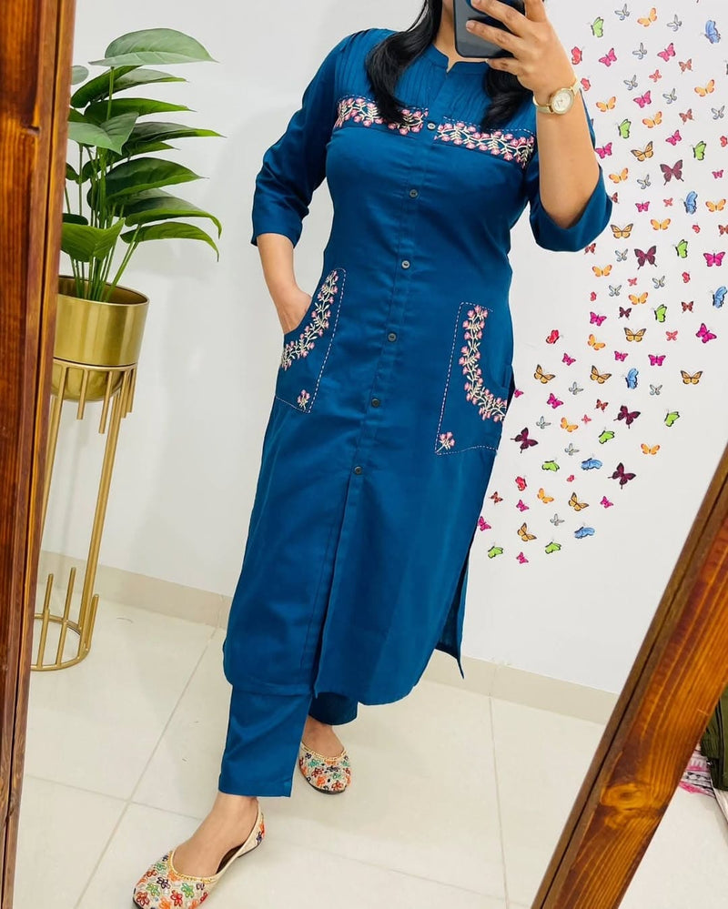 Embroidered Blue Cotton Co-ord Set