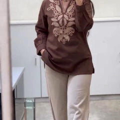 Embroidery Work Brown Top Pant Set