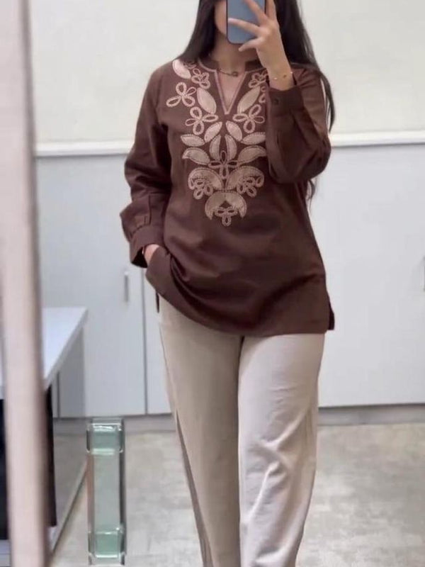 Embroidery Work Brown Top Pant Set