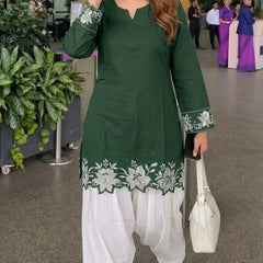 Embroidery Work Dark Green Cotton Farshi Salwar Set