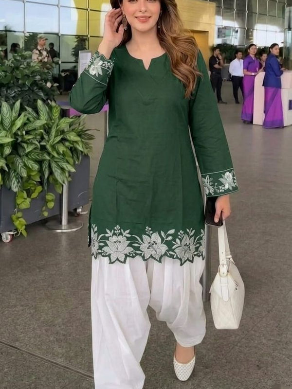 Embroidery Work Dark Green Cotton Farshi Salwar Set