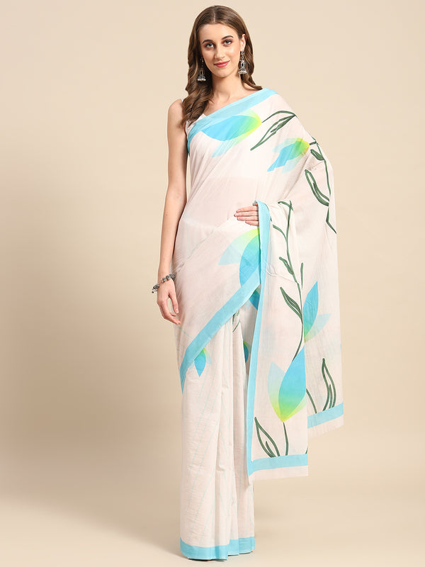 Blue Floral Printed Cotton Saree for Women