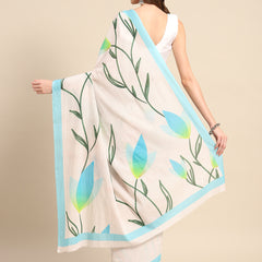 Blue Floral Printed Cotton Saree for Women