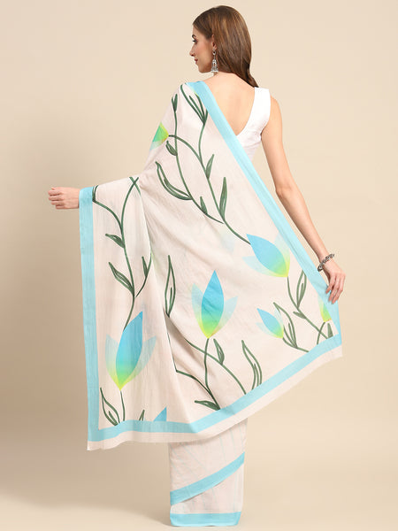 Blue Floral Printed Cotton Saree for Women