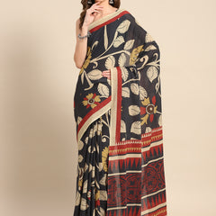 Black Floral Printed Pure Cotton Saree For Women