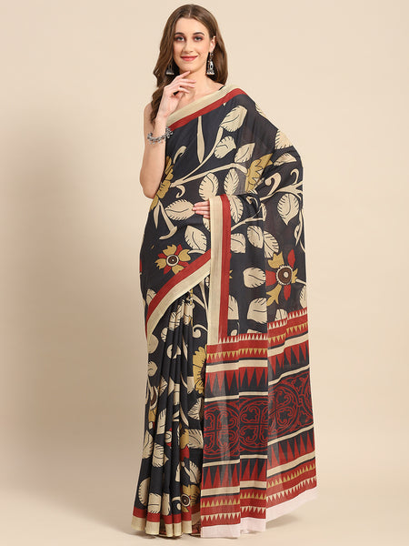 Black Floral Printed Pure Cotton Saree For Women