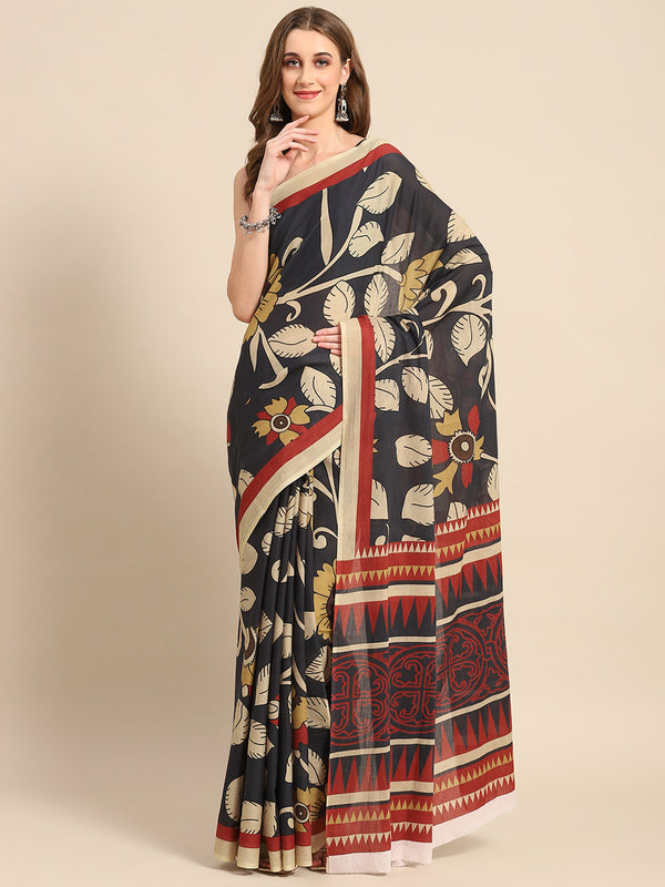 Black Floral Printed Pure Cotton Saree For Women