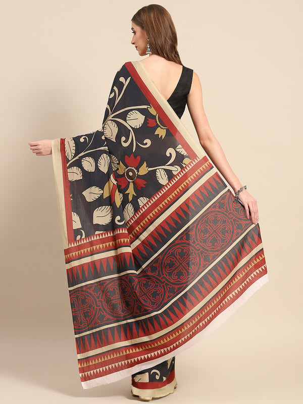 Black Floral Printed Pure Cotton Saree For Women