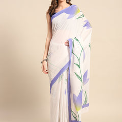 Lavender Floral Printed Cotton Saree for Women