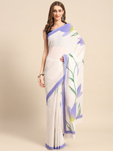 Lavender Floral Printed Cotton Saree for Women
