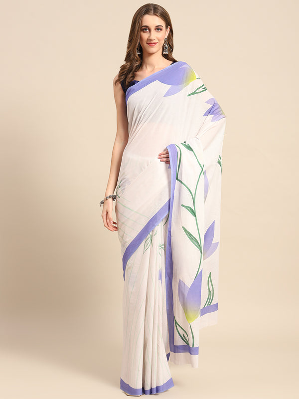 Lavender Floral Printed Cotton Saree for Women
