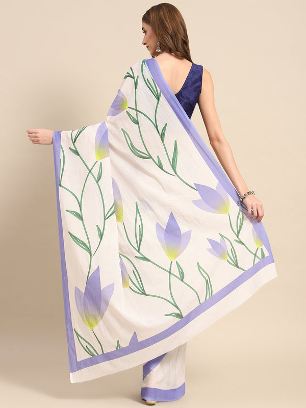 Lavender Floral Printed Cotton Saree for Women