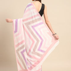 White Geometric Printed Pure Cotton Saree for Women