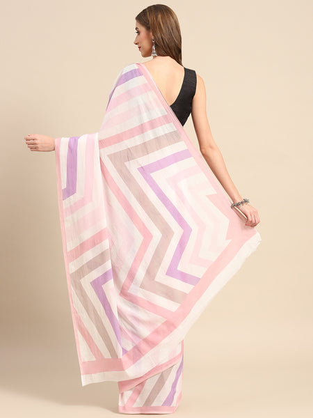 White Geometric Printed Pure Cotton Saree for Women