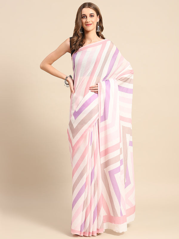 White Geometric Printed Pure Cotton Saree for Women