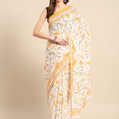 Yellow Floral Printed Pure Cotton Saree for Women