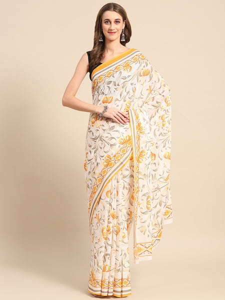 Yellow Floral Printed Pure Cotton Saree for Women