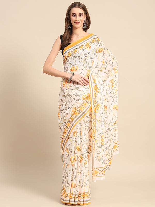 Yellow Floral Printed Pure Cotton Saree for Women