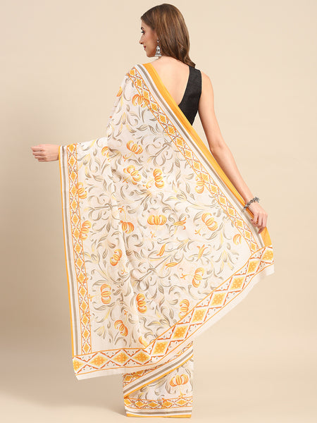 Yellow Floral Printed Pure Cotton Saree for Women