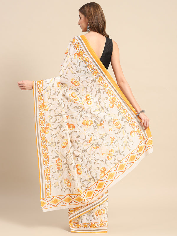 Yellow Floral Printed Pure Cotton Saree for Women