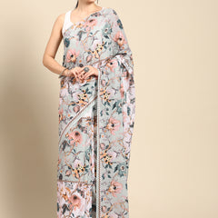 Sea Green Floral Pure Cotton Saree for Women