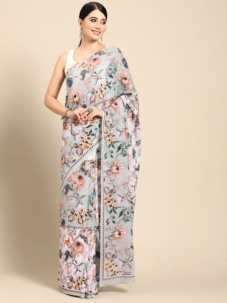 Sea Green Floral Pure Cotton Saree for Women