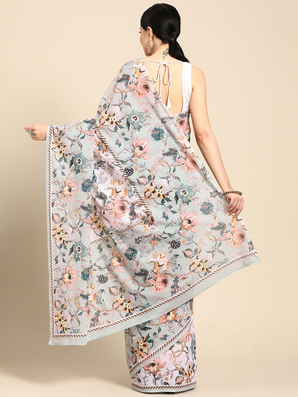 Sea Green Floral Pure Cotton Saree for Women