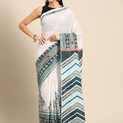 White Printed Cotton Saree for Women