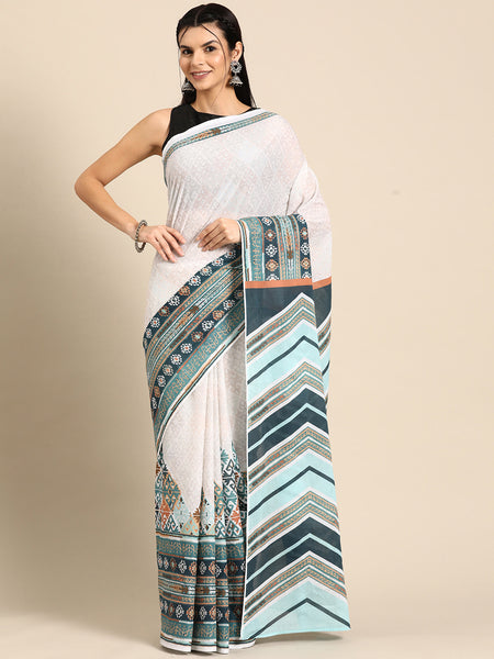 White Printed Cotton Saree for Women