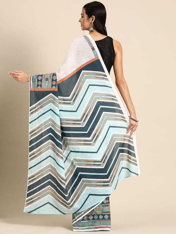 White Printed Cotton Saree for Women