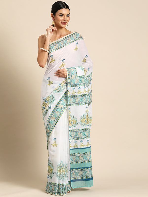 White Floral Pure Cotton Saree for Women