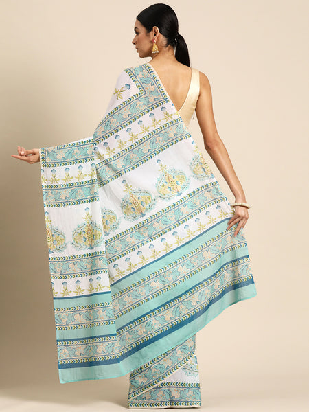 White Floral Pure Cotton Saree for Women