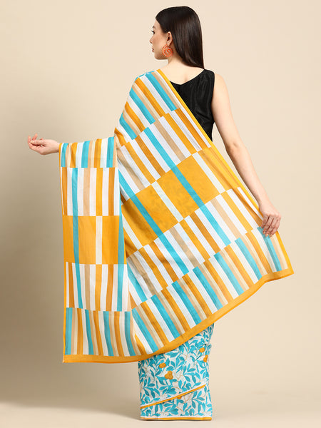 Blue Floral Printed Cotton Saree for Women