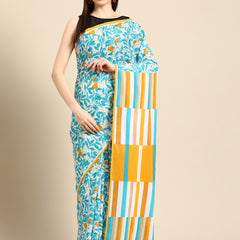 Blue Floral Printed Cotton Saree for Women