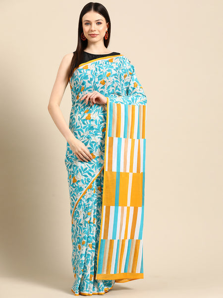 Blue Floral Printed Cotton Saree for Women