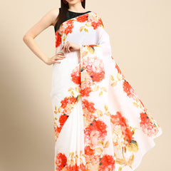 White Floral Printed Pure Cotton Saree for Women