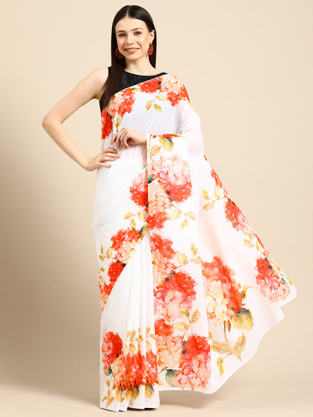 White Floral Printed Pure Cotton Saree for Women