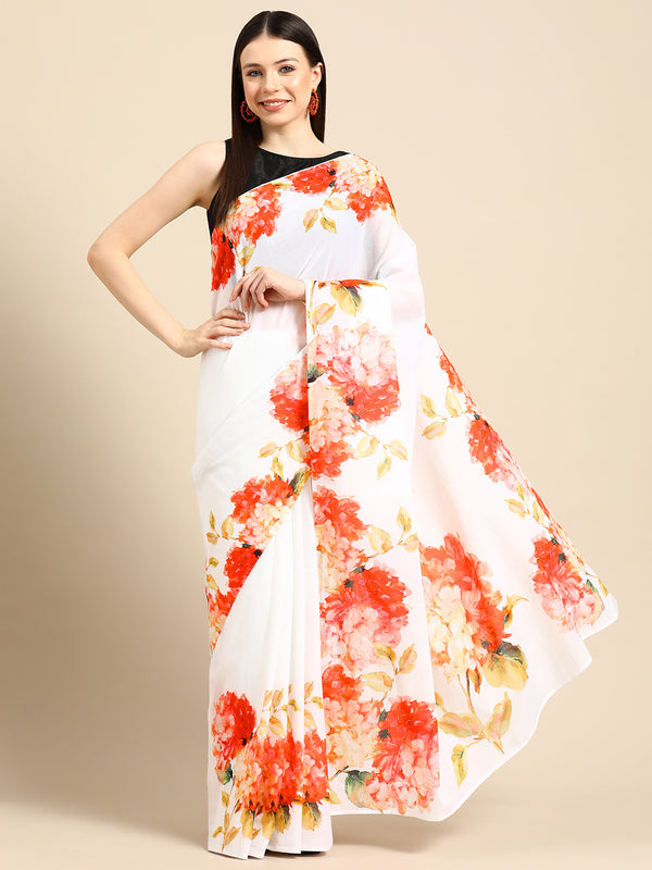 White Floral Printed Pure Cotton Saree for Women