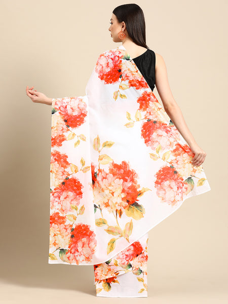 White Floral Printed Pure Cotton Saree for Women