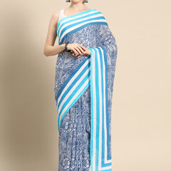 Navy Blue Floral Cotton Saree for Women
