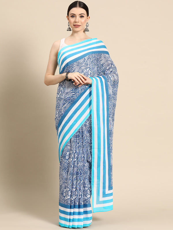 Navy Blue Floral Cotton Saree for Women