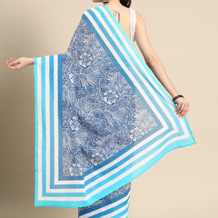 Navy Blue Floral Cotton Saree for Women