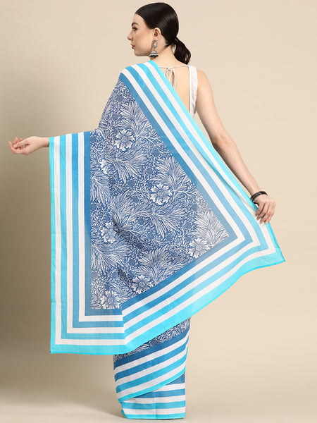 Navy Blue Floral Cotton Saree for Women