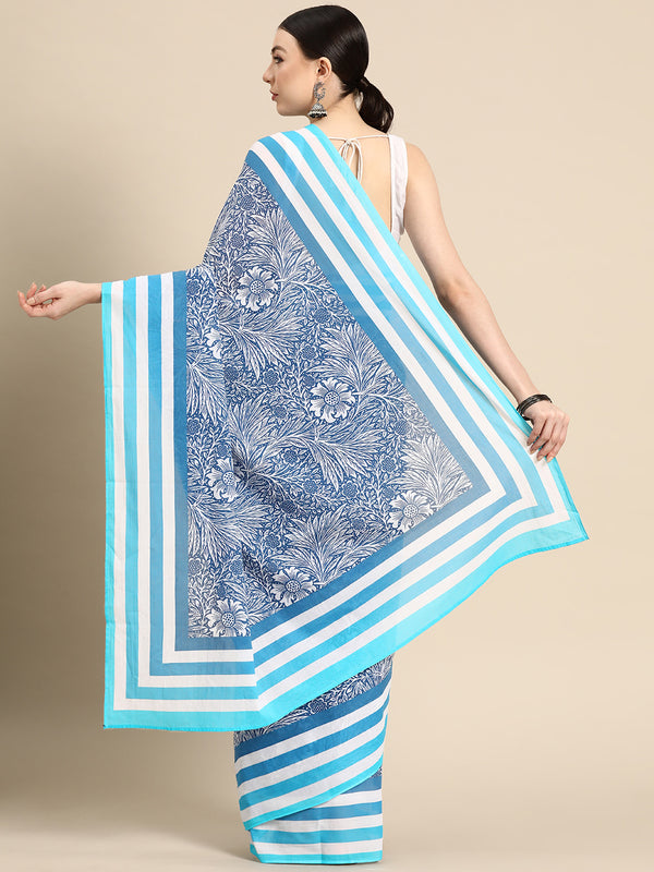 Navy Blue Floral Cotton Saree for Women