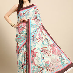 Cream Floral Printed Pure Cotton Saree for Women