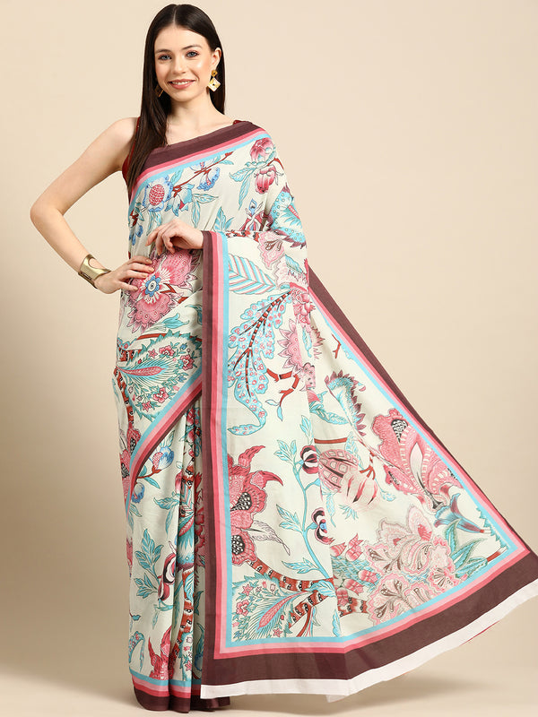 Cream Floral Printed Pure Cotton Saree for Women
