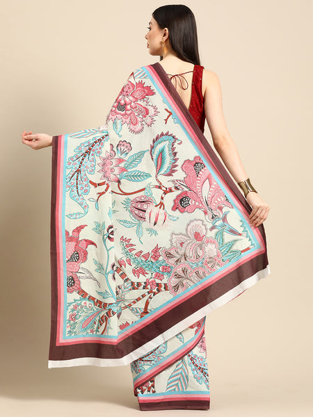 Cream Floral Printed Pure Cotton Saree for Women