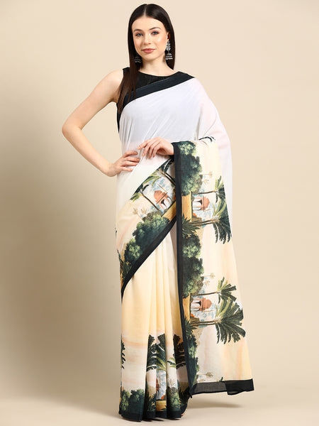 Beige Kalamkari Printed Cotton Saree for Women