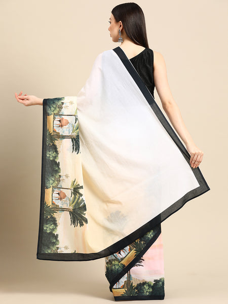 Beige Kalamkari Printed Cotton Saree for Women