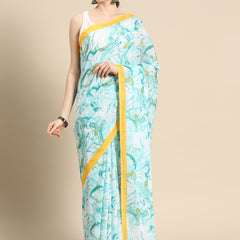 Turquoise Blue Printed Pure Cotton Saree for Women